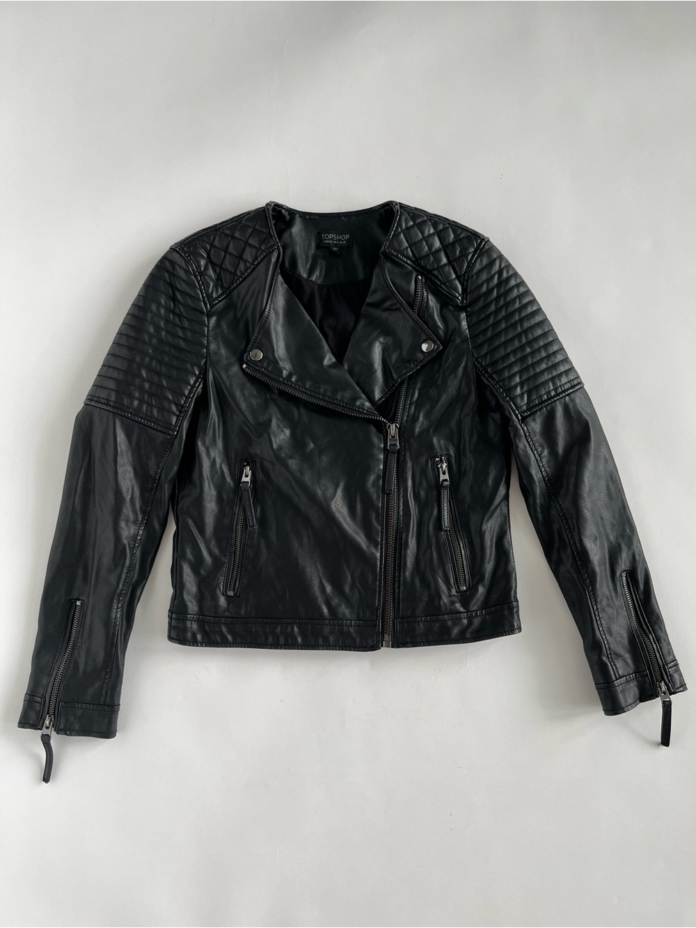 Topshop Women’s Black Quilted Sleeve Faux Leather Biker Jacket